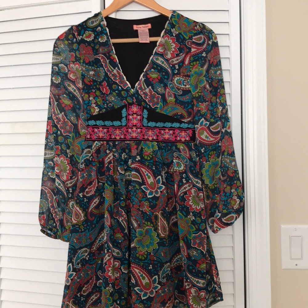 Sz XS Flying Tomato Paisley Navy Dress Pink Orange Blue Embroidery.